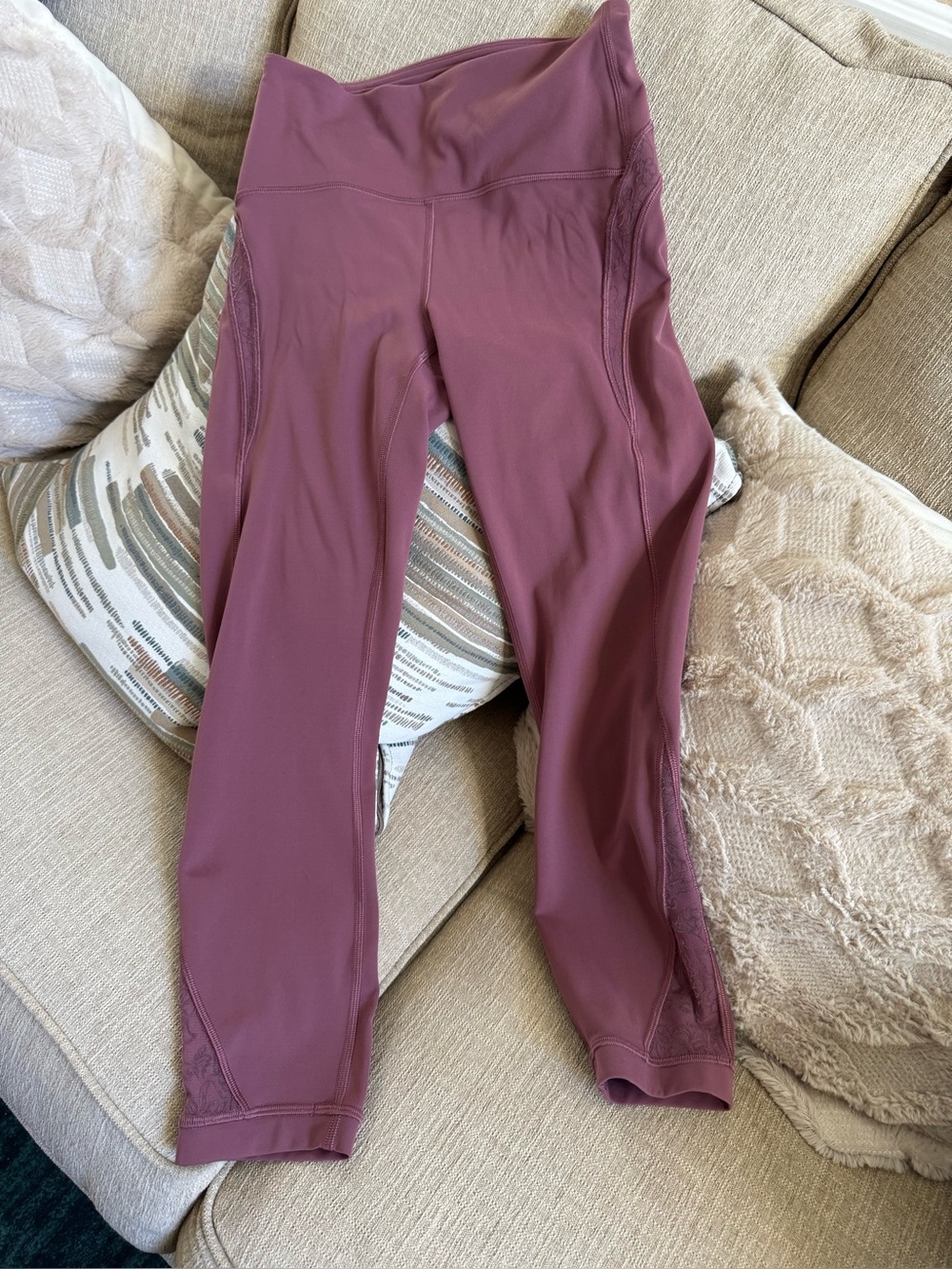 Lululemon Mauve High-Waist Leggings with Floral Mesh Panel